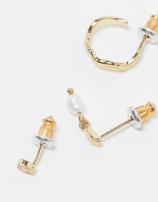 Accessorize - Z Collection - Set van 3 paar vergulde oorbellen met parel en golvende oorringen, 2 van 3