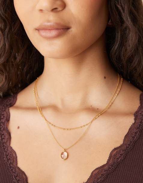 Accessorize - Z - Collier multi-rangs en plaqué or 14 carats avec pendentif en quartz transparent - view 1