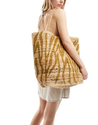 Accessorize zebra print straw tote bag in natural-Neutral