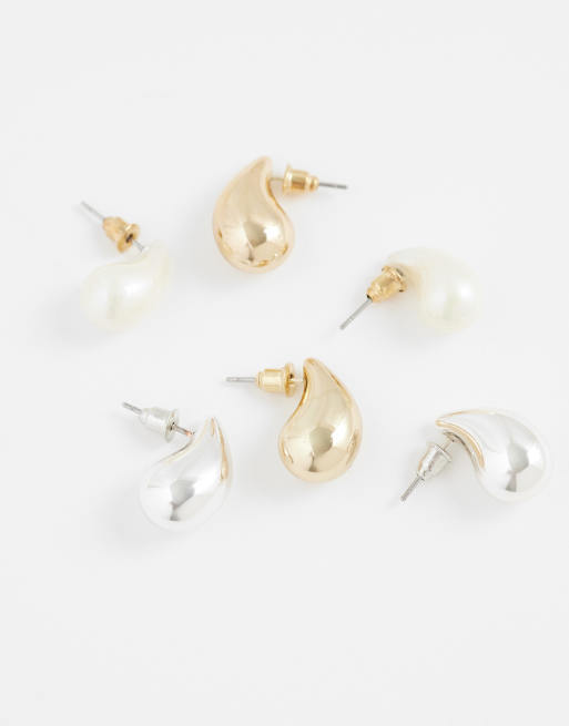 Accessorize – Zestaw 3 par małych kolczyków w kształcie łezki, w kolorze złotym i z perełką, 3 z 4