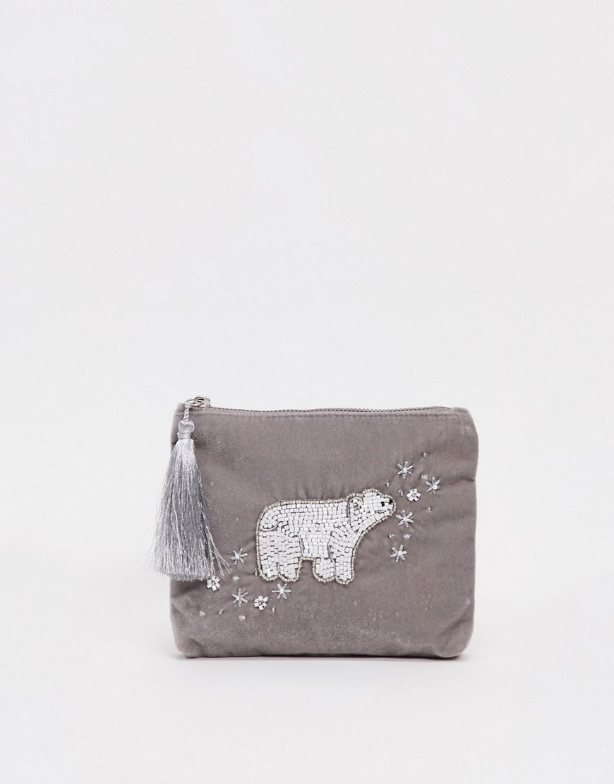 Accessorize zip purse with polar bear motif in grey velvet