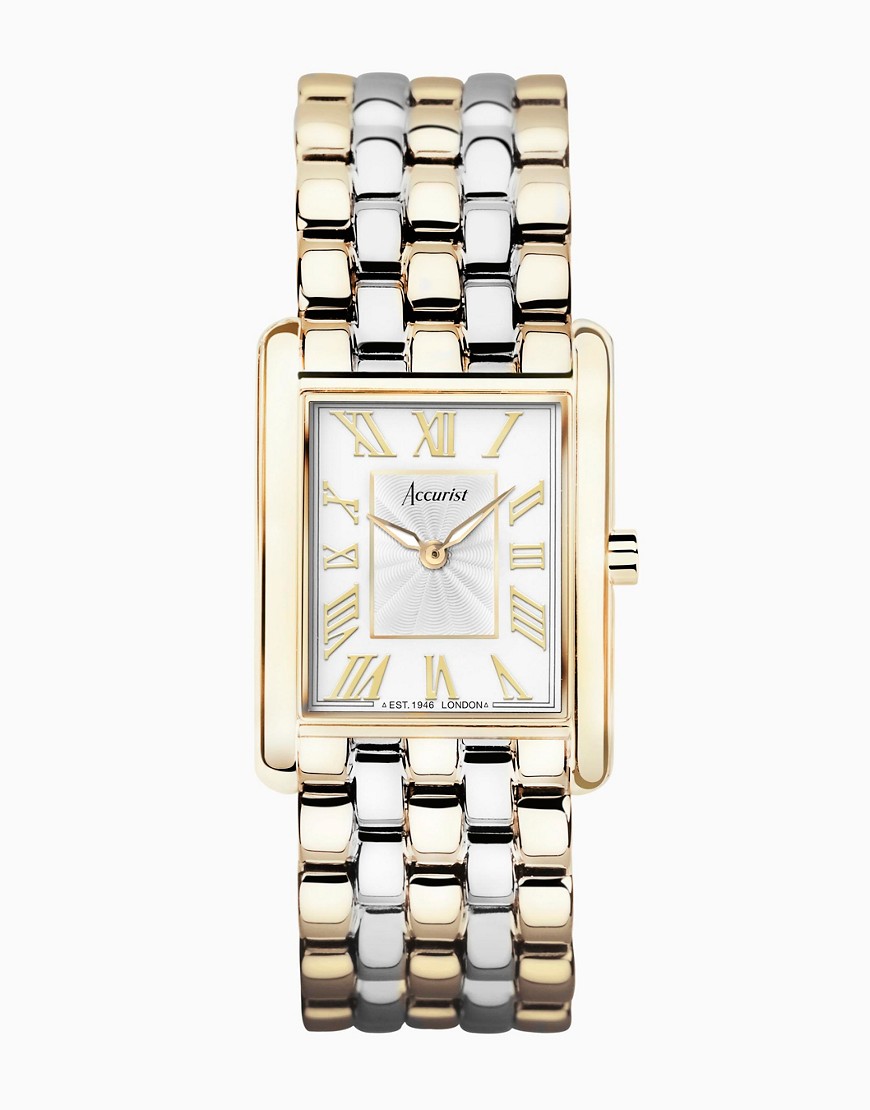 Accurist rectangle watch in gold & silver-White