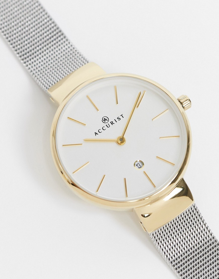 Accurist Silver Mesh Watch With Gold Detail