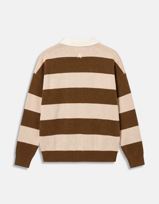 A.Collective gestreiftes Rugby-Poloshirt mit Kontrastkragen in Beige, 7 von 9