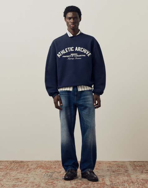 A.Collective heavyweight crew neck sweater with chest print in navy - view 1