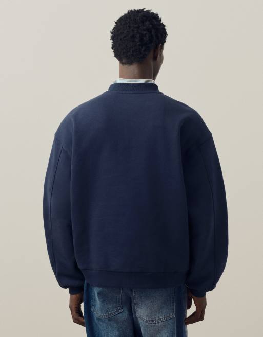 A.Collective heavyweight crew neck sweater with chest print in navy, 3 of 9