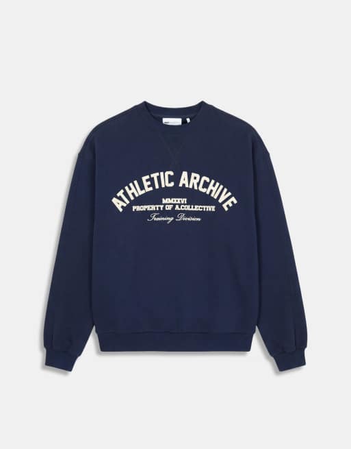 A.Collective heavyweight crew neck sweater with chest print in navy, 6 of 9