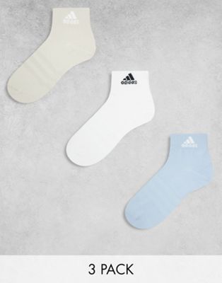 adidas 3 pack crew socks in white, blue and stone