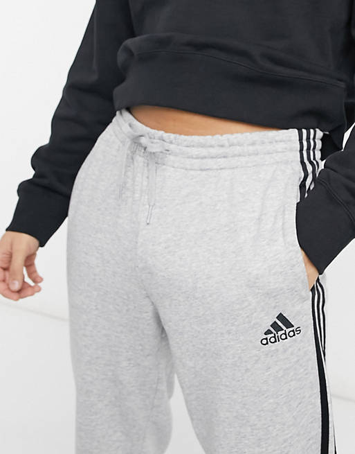  adidas 3 stripe french terry joggers in grey heather 