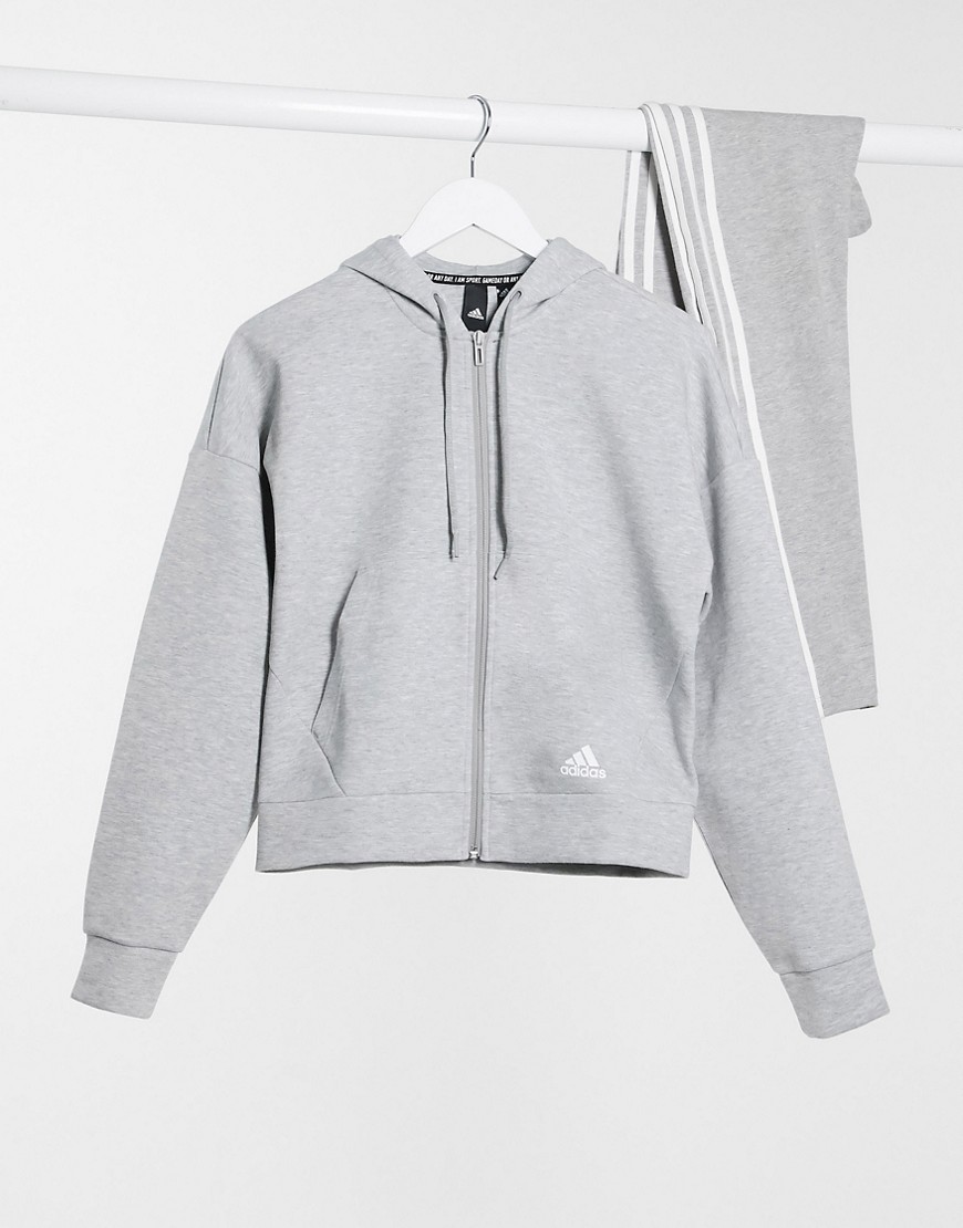 adidas 3-stripe hoodie in medium grey heather & white