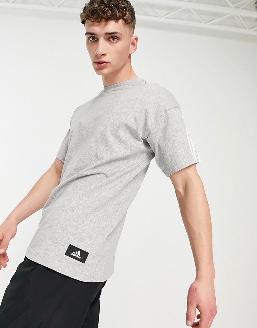 Adidas 3 stripe t-shirt in grey heather