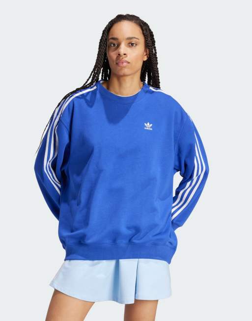 adidas 3-Stripes Oversized Crew Sweatshirt in Blue | ASOS