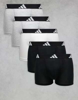 adidas Adidas 5 pack active flex cotton trunks in white grey and black