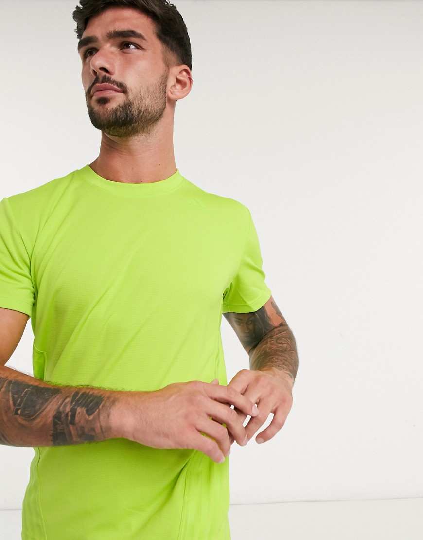 Adidas – Aero – Semi solar slime – Grön tränings-t-shirt med 3 ränder-Gul