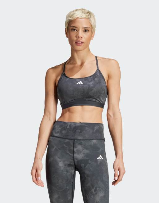 adidas - Aeroreact Training Essentials - Reggiseno a sostegno leggero grigio con stampa a fiori tie-dye