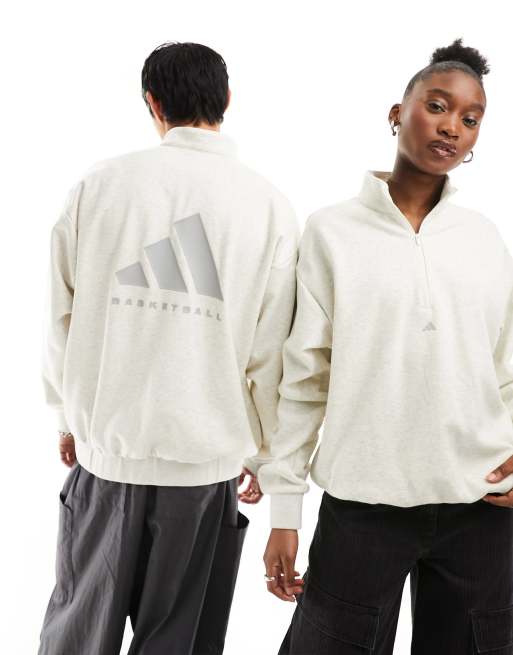 adidas – Basketball – Sweatshirt in Weiß mit kurzem Reißverschluss