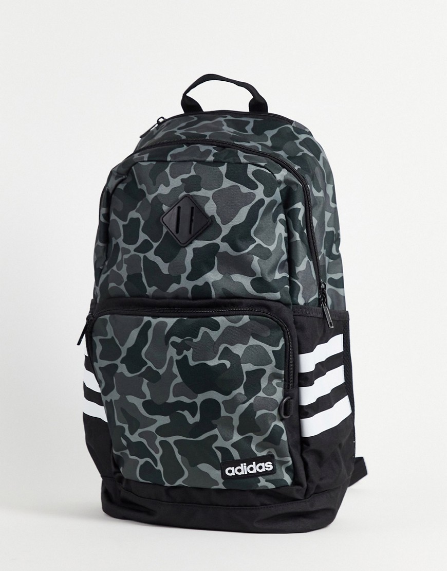 Adidas Classic 3 stripe camo backpack in Gray-Grey