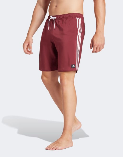 adidas – CLX – Badeshorts in Burgunderrot mit den 3 Streifen