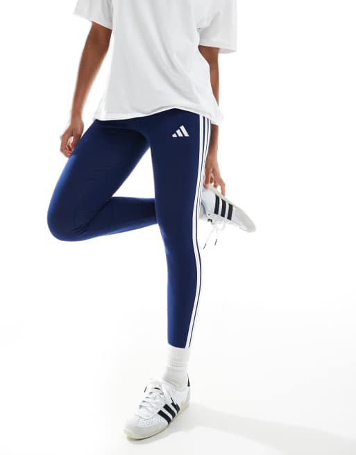 adidas Essentials 3-stripes cotton leggings in dark blue / white, 2 of 5