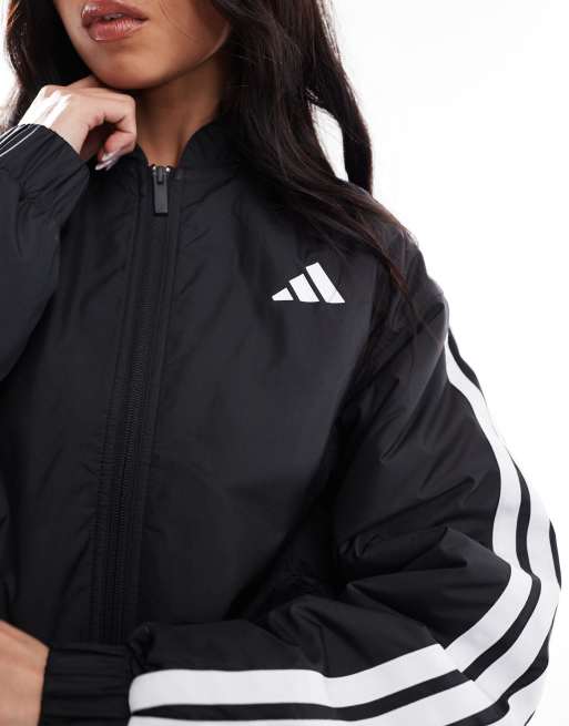 adidas Essentials 3-stripes insulated crop bomber jacket in black