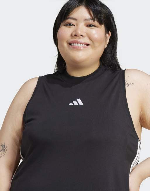 adidas Essentials 3-stripes long racerback dress (plus size) in black / white, 3 of 4