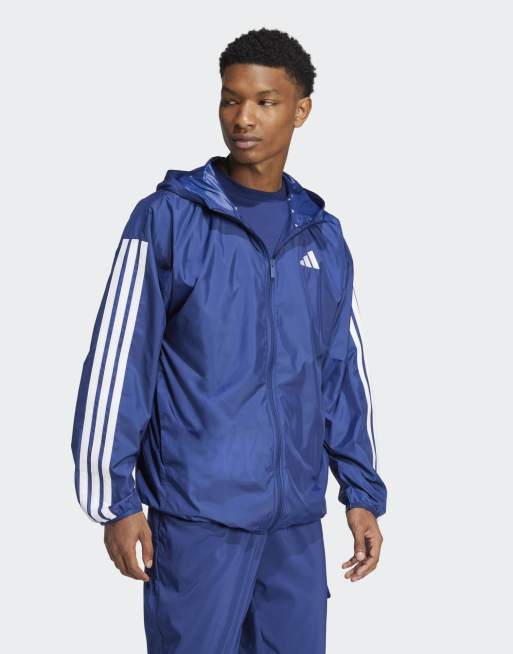 adidas Essentials – Ciemnoniebiesko-biała kurtka wiatrówka z 3 paskami