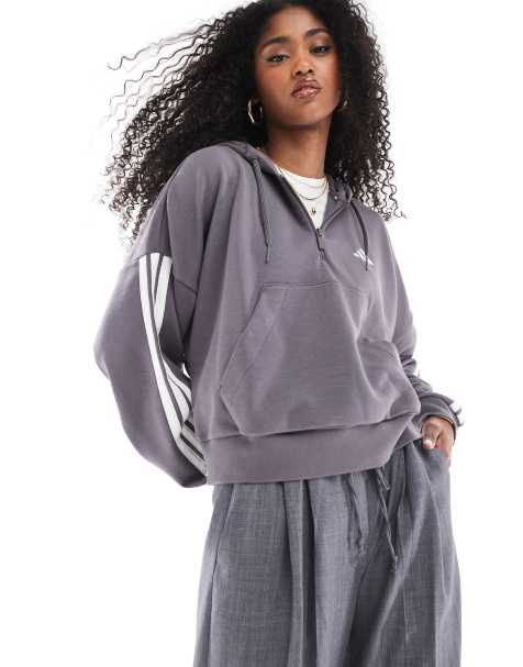 adidas Essentials - Felpa con cappuccio grigio strata e bianca in spugna con zip corta e 3 strisce - view 1
