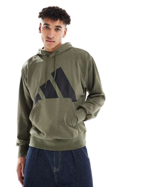 adidas - Essentials - Felpa con cappuccio verde oliva strata e nera in spugna con logo grande - view 1
