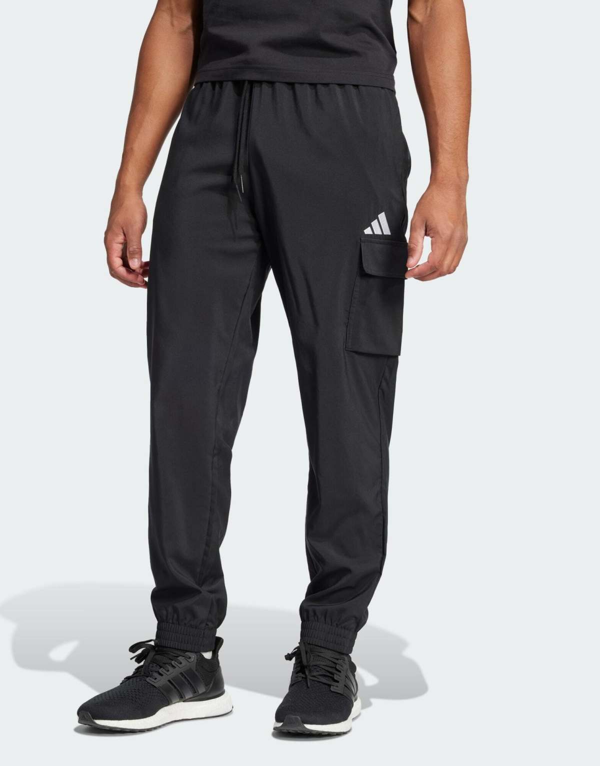 adidas Essentials small logo cargo pants in black / white