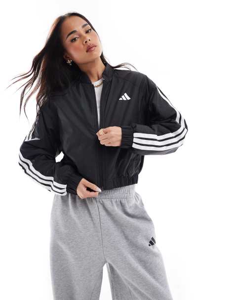 adidas – Essentials – Svart, isolerad bomberjacka i kort design med 3 ränder - view 1