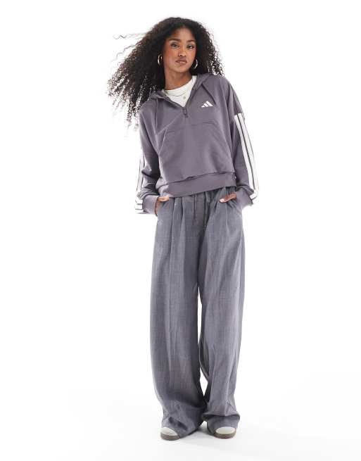 adidas - Essentials - Sweat à capuche 3 bandes en tissu éponge avec col zippé - Gris et blanc, 2 de 4