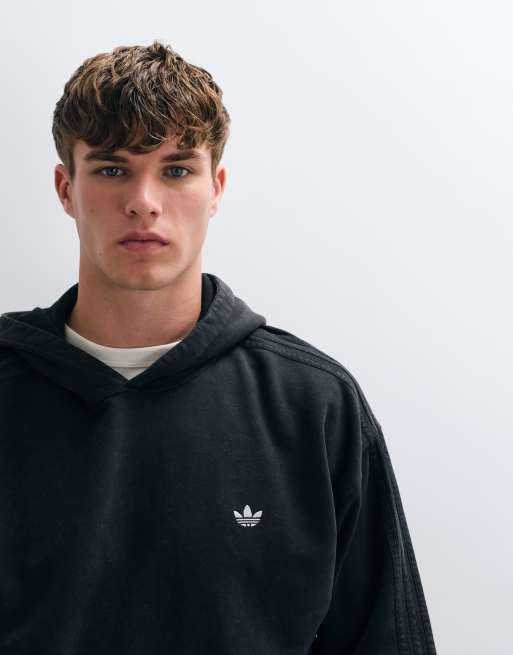 adidas Essentials three stripe hoodie in washed black, 2 of 5