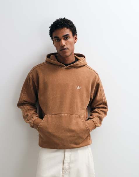 adidas Essentials three stripe hoodie in washed brown - view 1