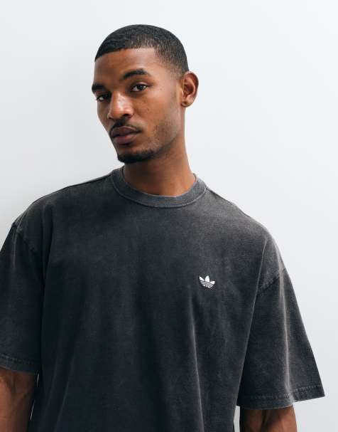 adidas Essentials three stripe T-shirt in washed black - view 1