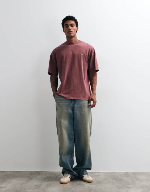 adidas Essentials three stripe T-shirt in washed burgundy, 4 of 5