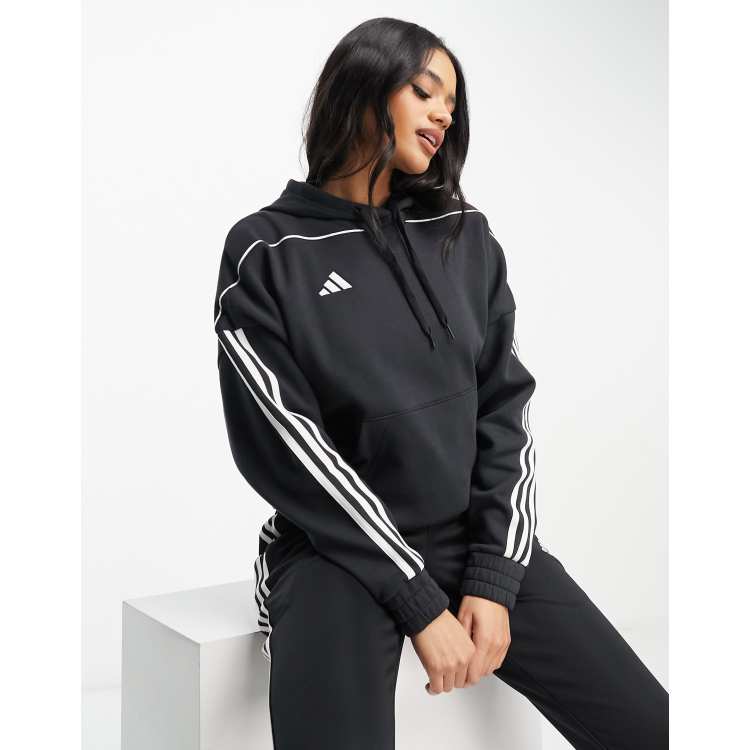 adidas Football 3 stripe hoodie in black