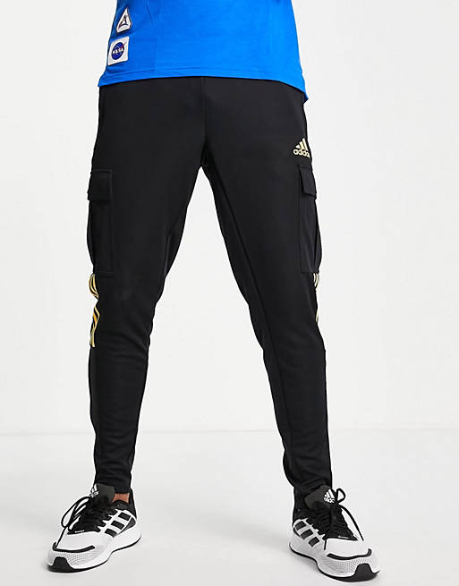 adidas Football joggers with pockets and yellow three stripe in black