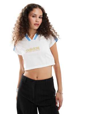 adidas Football Tiro crop t-shirt in white with blue stripes-Black