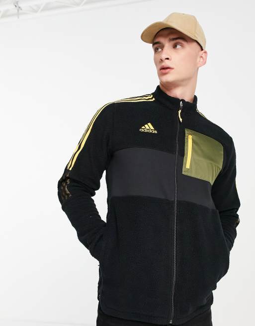 adidas Football – Tiro – Trainingsoberteil aus Fleece in Schwarz mit drei gelben Streifen