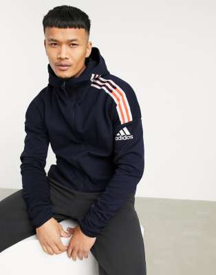 adidas performance adidas Football ZNE 3 stripe zip thru hoodie in navy