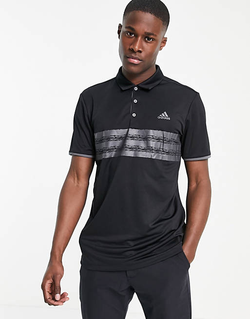 adidas Golf 3 stripe block polo shirt in black | ASOS