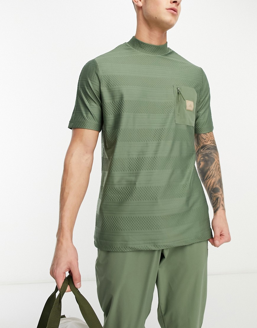 adidas Golf Adicross high neck pocket t-shirt in green textured stripe