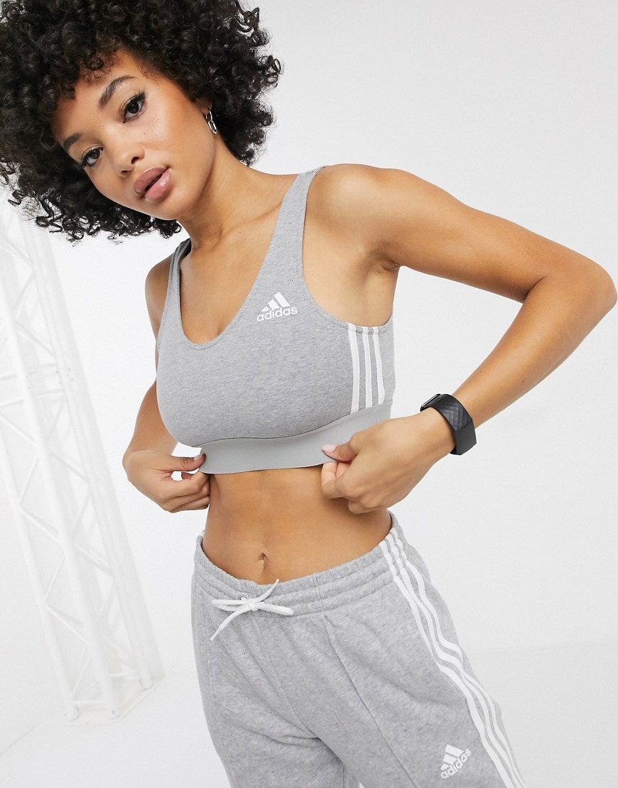 Adidas – Gråmelerad träningsbehå med 3 ränder