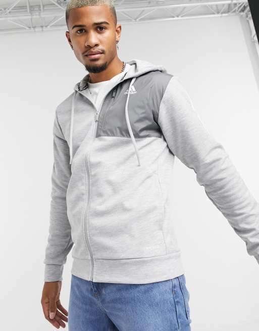 Grey adidas hoodie outlet with blue stripes