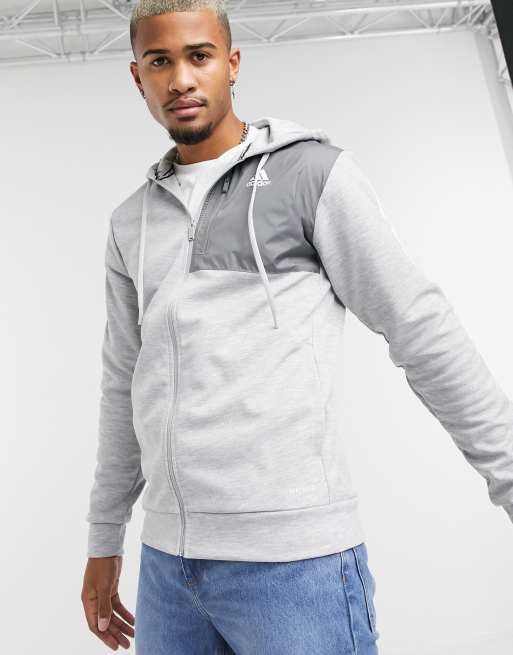 Grey adidas hoodie outlet with blue stripes