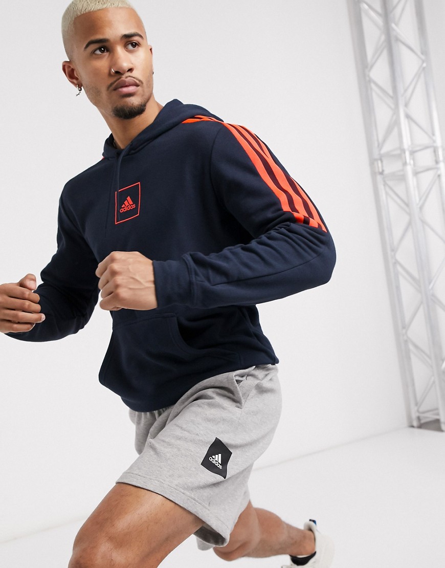 Adidas – Orange och marinblå huvtröja med 3 ränder