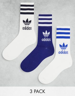 adidas Origiansl 3 pack mid cut crew socks in white and blue