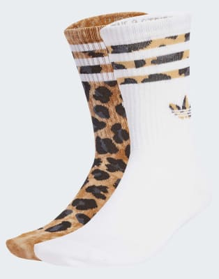 adidas Originals - 2 Paar Crew-Socken mit Leopardenmuster in Bronze Strata / Schwarz-Brown