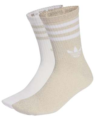adidas Originals - 2 Paar glitzernde Crew-Socken in Eisgold-Metallic / Weiß mit den 3 Streifen-Goldfarben