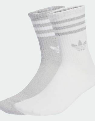 adidas Originals - 2 Paar glitzernde Crew-Socken in Metallic-Silber/Weiß mit den 3 Streifen